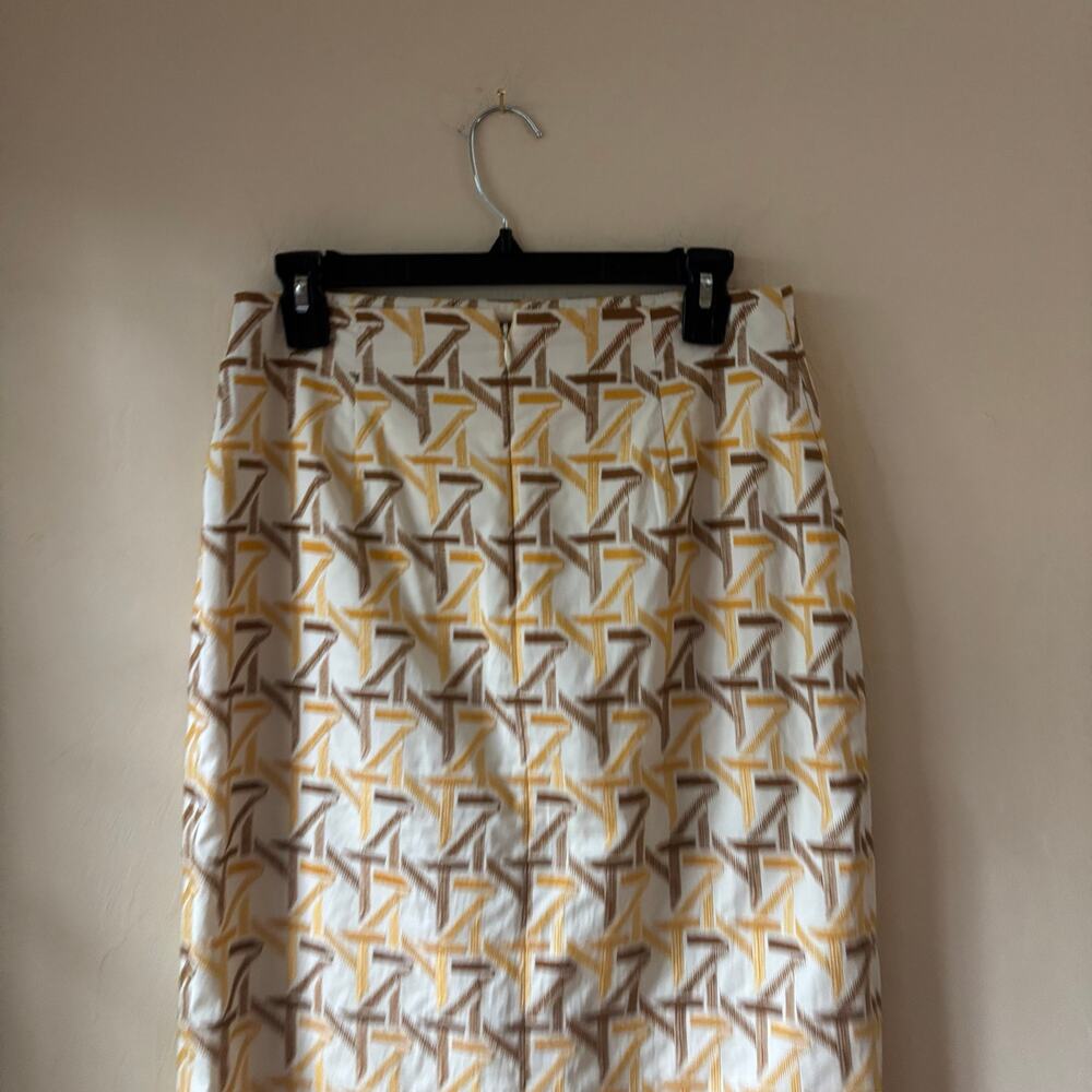 Tory Burch Geometric Embroidered Knee Length Skirt 6 Yellow Cotton Faux Wrap - Picture 3 of 12